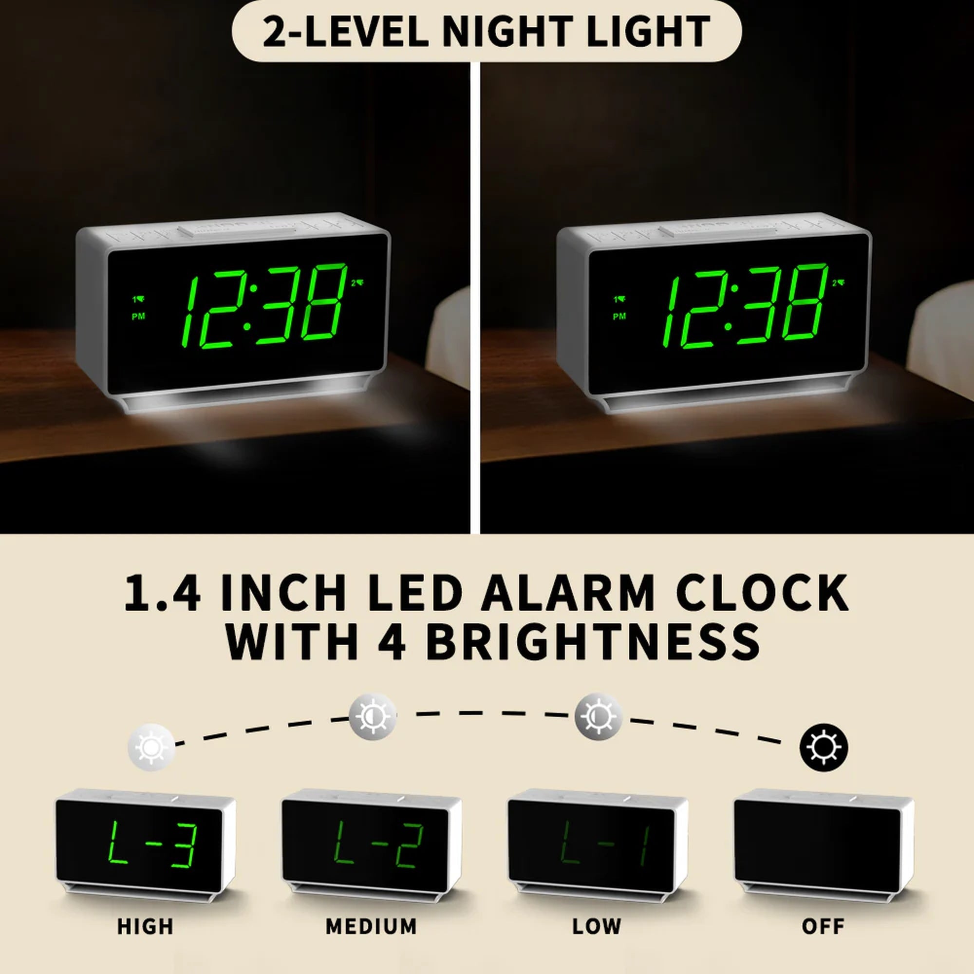 Digital Alarm Clock with Dual Alarms, 7-5-2 Mode, LED Display, USB & Battery Powered, Temperature Display (°C/°F), 4-Level Brightness & 2-Level Night Light Model 3301– White Digital Alarm Clock with Dual Alarms, 7-5-2 Mode, LED Display, USB & Battery Powered, Temperature Display (°C/°F), 4-Level Brightness & 2-Level Night Light Model 3301– White